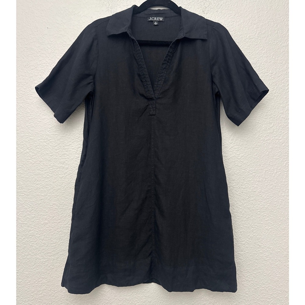 J.Crew Bungalow Popover Linen V-Neck Shift Dress Black Short Sleeve Petite Small